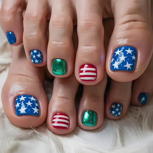 24Pcs 4th of July Press on Toenails Short Square Fake Toe Nails Independence Day Glossy Acrylic Toenails Red White Blue Toe Nails False Toenail Press Ons Patriotic Star Stick on Toenail for Women