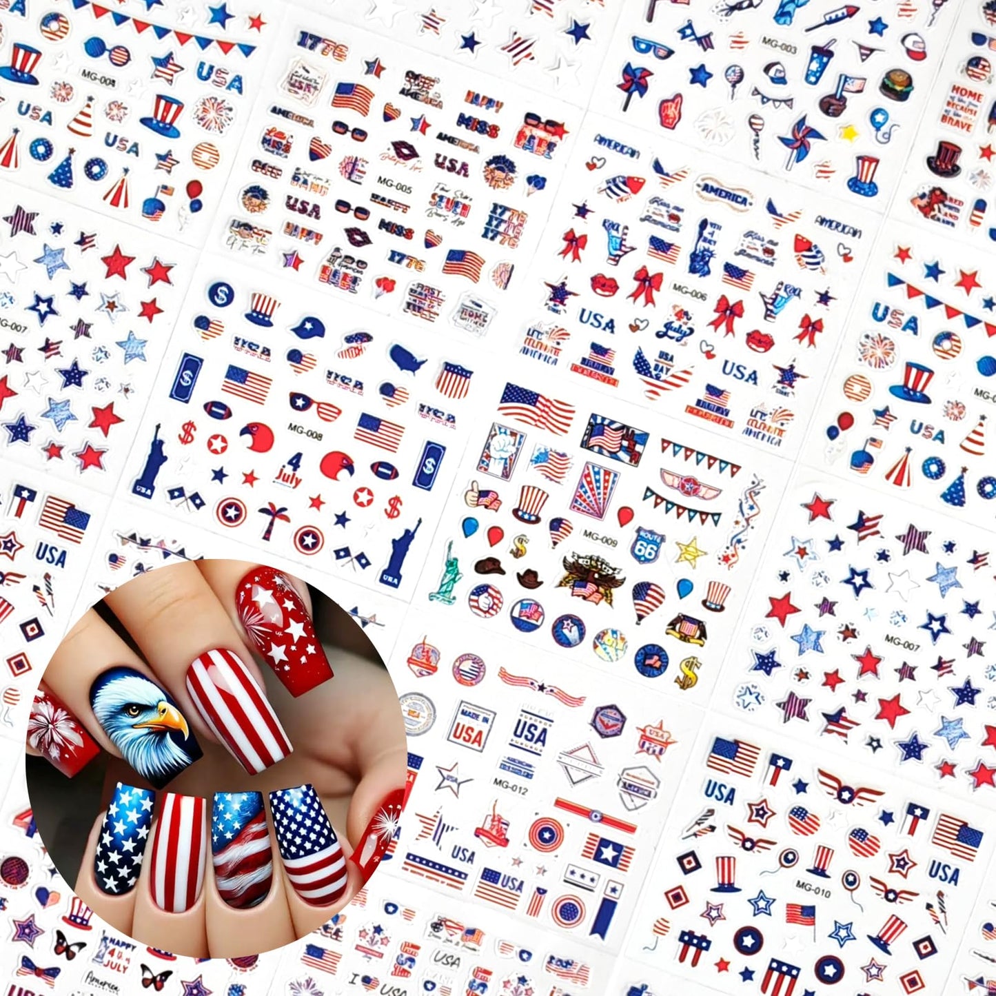 30 Sheets 4th of July Nail Stickers for Nail Art Independence Day Nails Art Stickers 3D Self Adhesive American Flag Stars Letters Fireworks Nails Decals Fourth of July Design Sticker for Women