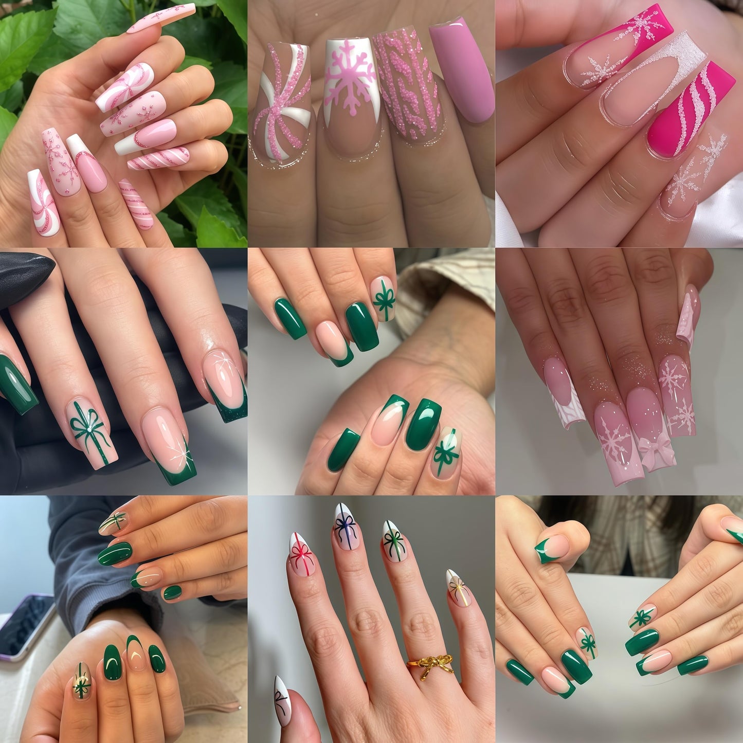6 Pcs Christmas Nail Art Stickers Decals Pink White Glitter Snowflake Nail Decals with Green Gift Box Bow Green French Line Nail Design Pink Candy Stripe Nail Supplies for DIY Manicure Winter Xmas DIY