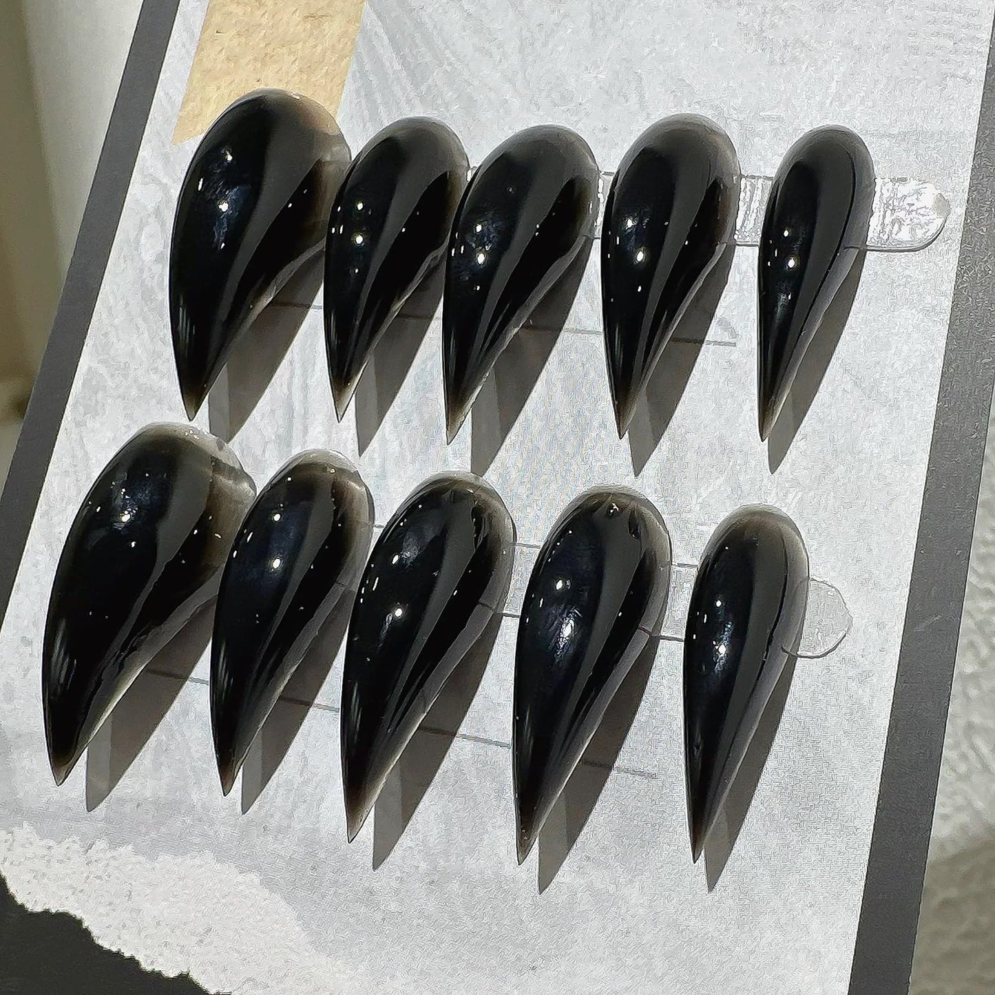Luxury Press on Nails Medium Stiletto Handmade Eagle Claw Unique Reusable ABS Material Fake Nails Dragon Cat Claw False Nails with Designs Black Glossy Glue on Nail Curved Thick Acrylic Nail(S)