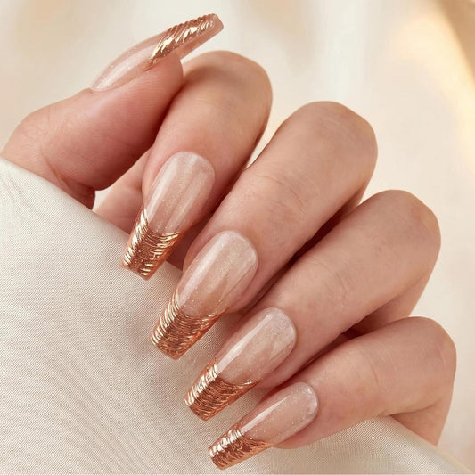 Taoyisent Cat Eye Gold Foil Press On Nails Medium Square Soft Gel Reusable Fake Nails 30PCS Nude Pink Magnetic Glossy Nails Kit
