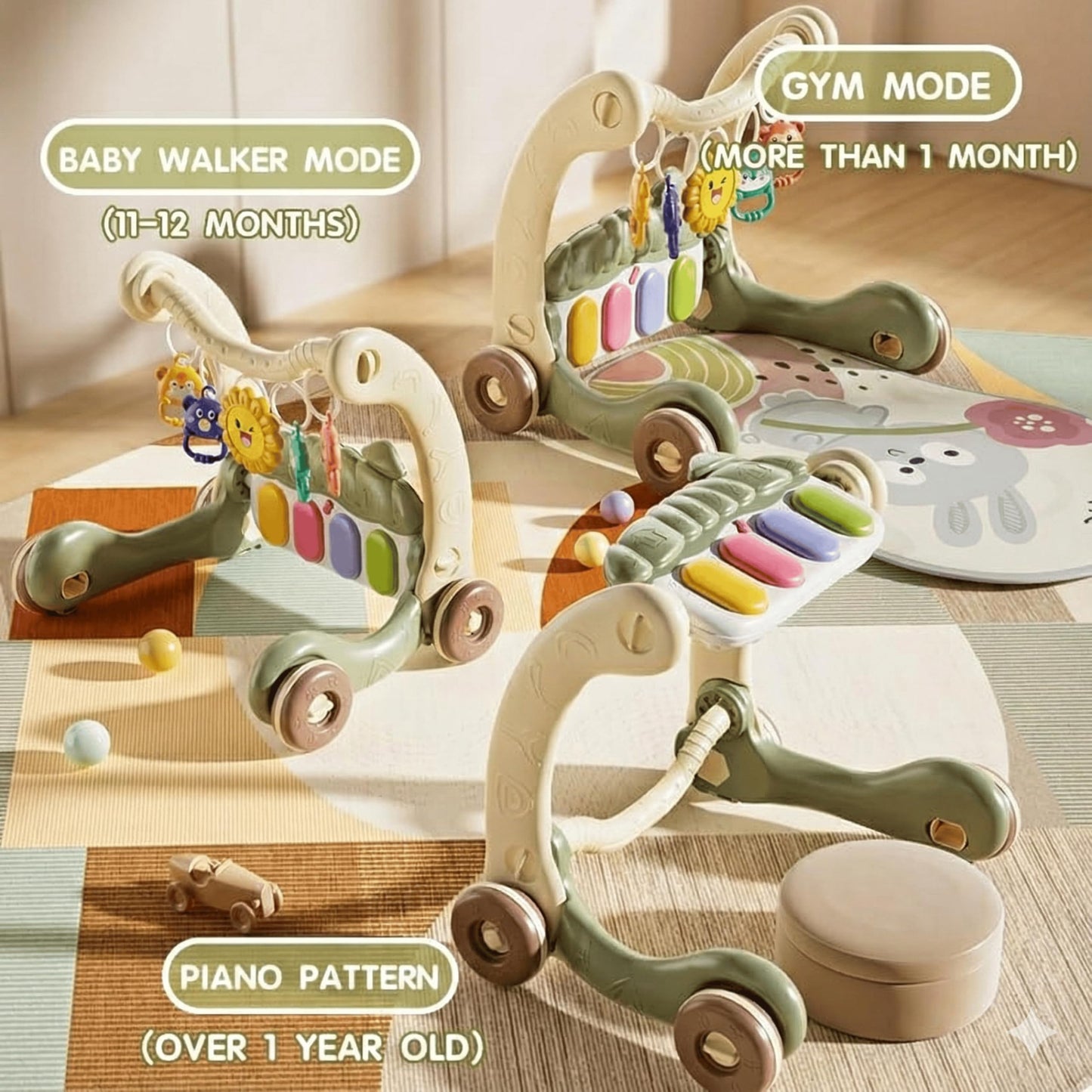 3-in-1 Baby Walker with Tummy Time Mat and Stroller Toys-Sit-to-Stand Walker for Baby Development-Ideal Baby Push Walker and 6-Month-Old Baby Must-Haves-Fun Learning Playtime