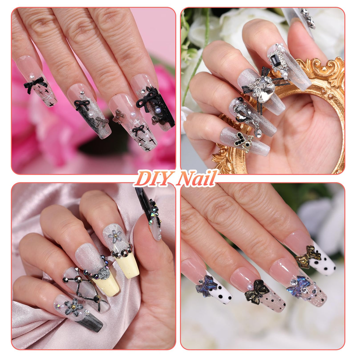 5 Boxes Black 3D Nail Charms Set, 24Pcs Y2k Alloy Nail Art Rhinestone Charms 3D Bow Flower Crown Heart Star with Tweezers and Dual-end Brush for Manicure Salon DIY Crafts,Face Makeup Gems Jewels