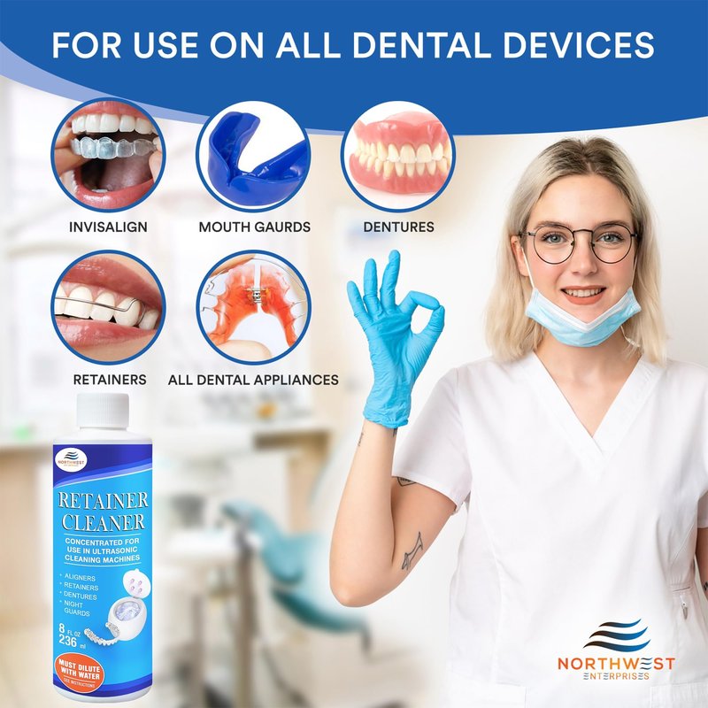 NORTHWEST ENTERPRISES Ultrasonic Retainer Cleaner Solution Concentrate for Ultrasonic Machines - Cleans Mouthguards, Invisalign & Nightguards - Odor, Stain & Discoloration Remover (8 oz)
