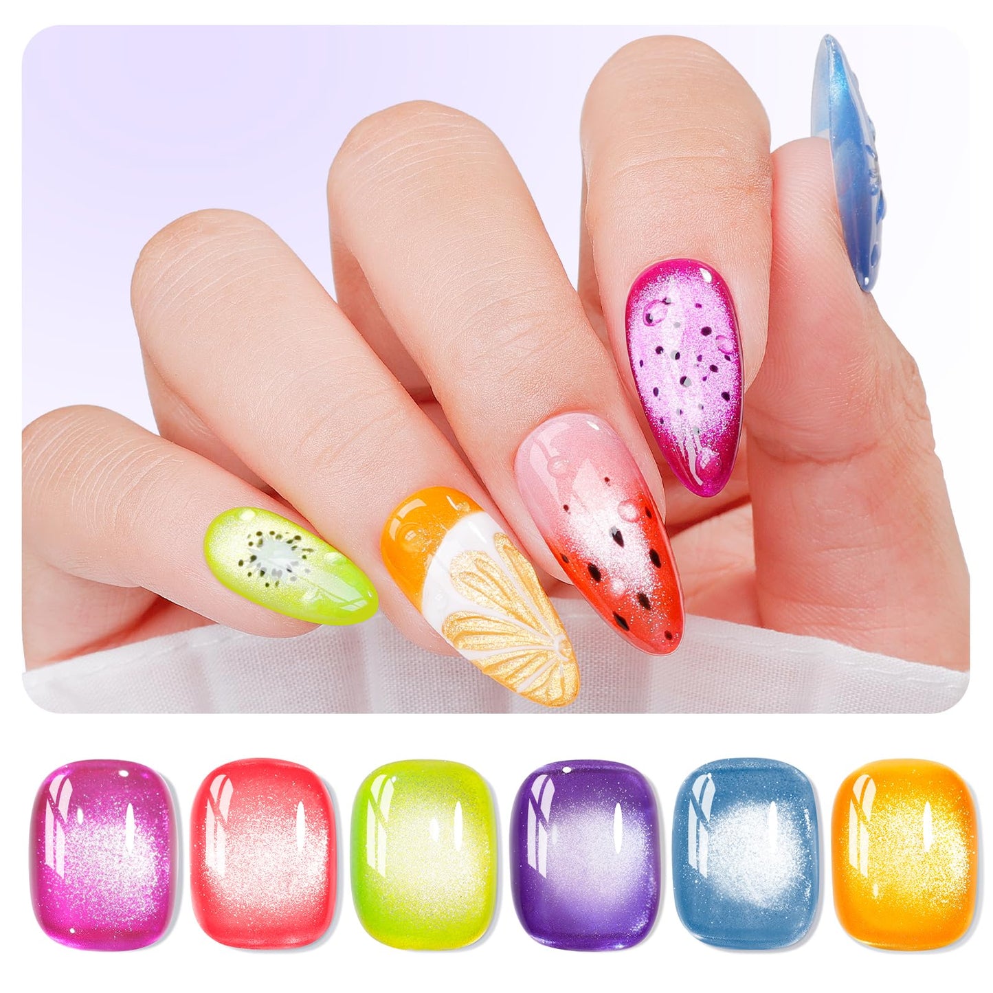 GELLEN Fruit Collection Cat Eye Gel Nail Polish, 6 Colors Neon Magnetic Gel Polish Set with Sparkle Finish, Soak Off UV LED Holographic Reflective Polish Kit for DIY Manicure or Salon Use