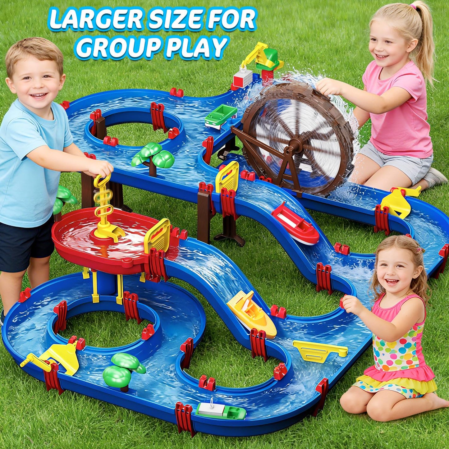 TERRAMUS 2-Tier Kids Watermill Water Table Toys, 124PCS Water Park Playset with Pump, Waterwheel, Summer Outdoor Water Toys Waterways for Backyard,Lawn,Beach,Pool,Gifts for Boys Girls Toddlers 3-5 4-8