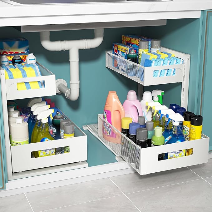 TISTAYA Under Sink Organizer, Bathroom Organizers and Storage, Cabinet Organizer Pottery Barn Furniture for Kitchen, Bathroom, Pantry, Laundry, Study, Whiteï¼1XL, 2PCS