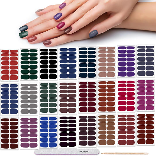 DANNEASY 336PCS/24 Sheets Nail Polish Strips - Dark Solid Color Gel Nail Stickers Full Nail Wraps UV Free | Easy to Stick | Adhesive Sticker Nails for Women with 1 File, 1 Cuticle Stick