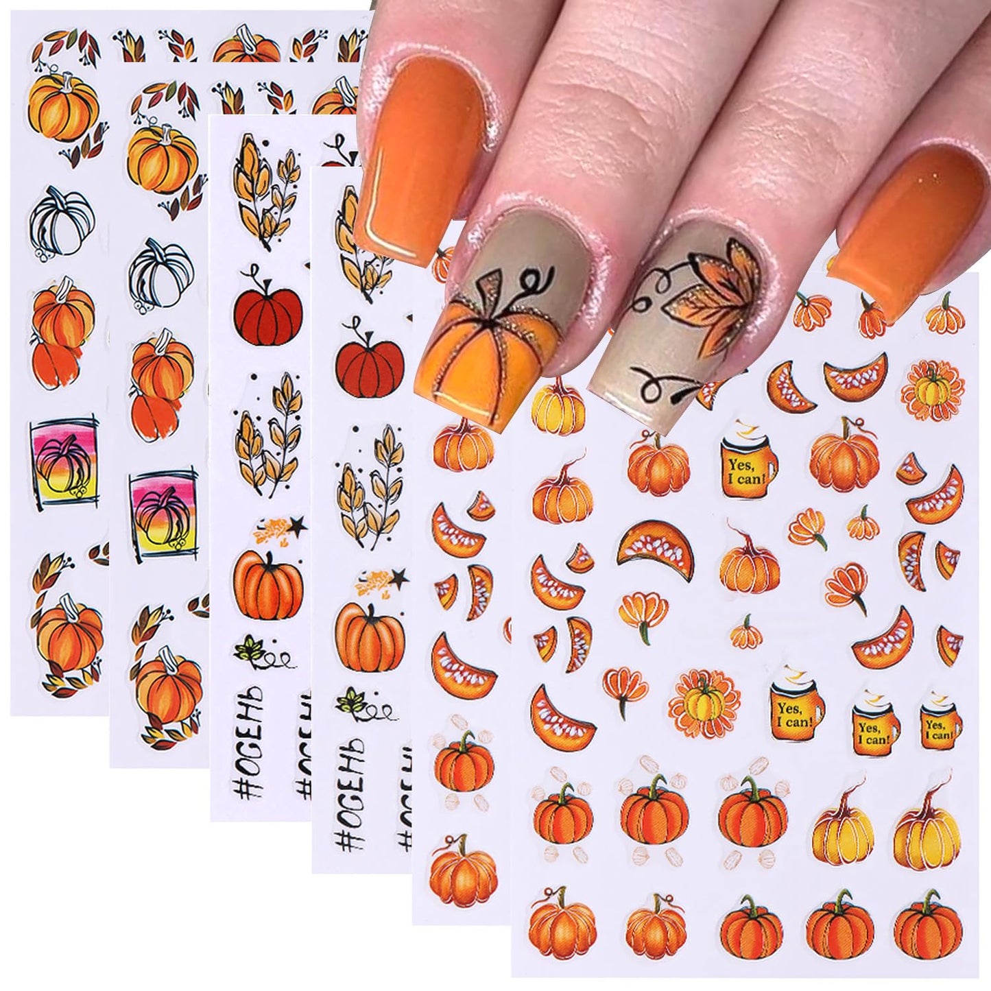 6 Sheets Fall Nail Stickers for Nail Art Pumpkin Maple Leaf Nail Decals 3D Self-Adhesive Thanksgiving Flower Leaves Design Nail Stickers Holiday Nail Art Supplies for Women Autumn Nail Art Decoration