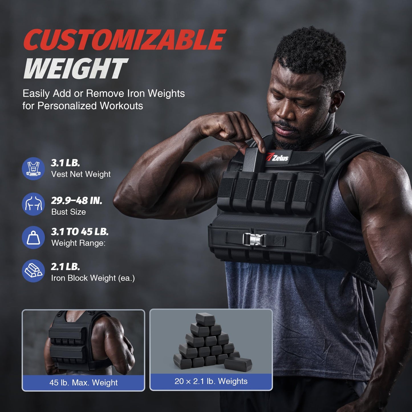 ZELUS Weighted Vest Men, 23/36/45 lb. Weight Vest with 10/16/20 Adjustable Iron Weights for Muscle Building Strength & Functional Training, Weighted Vest for Men with Reflective Strips, 45 lb.