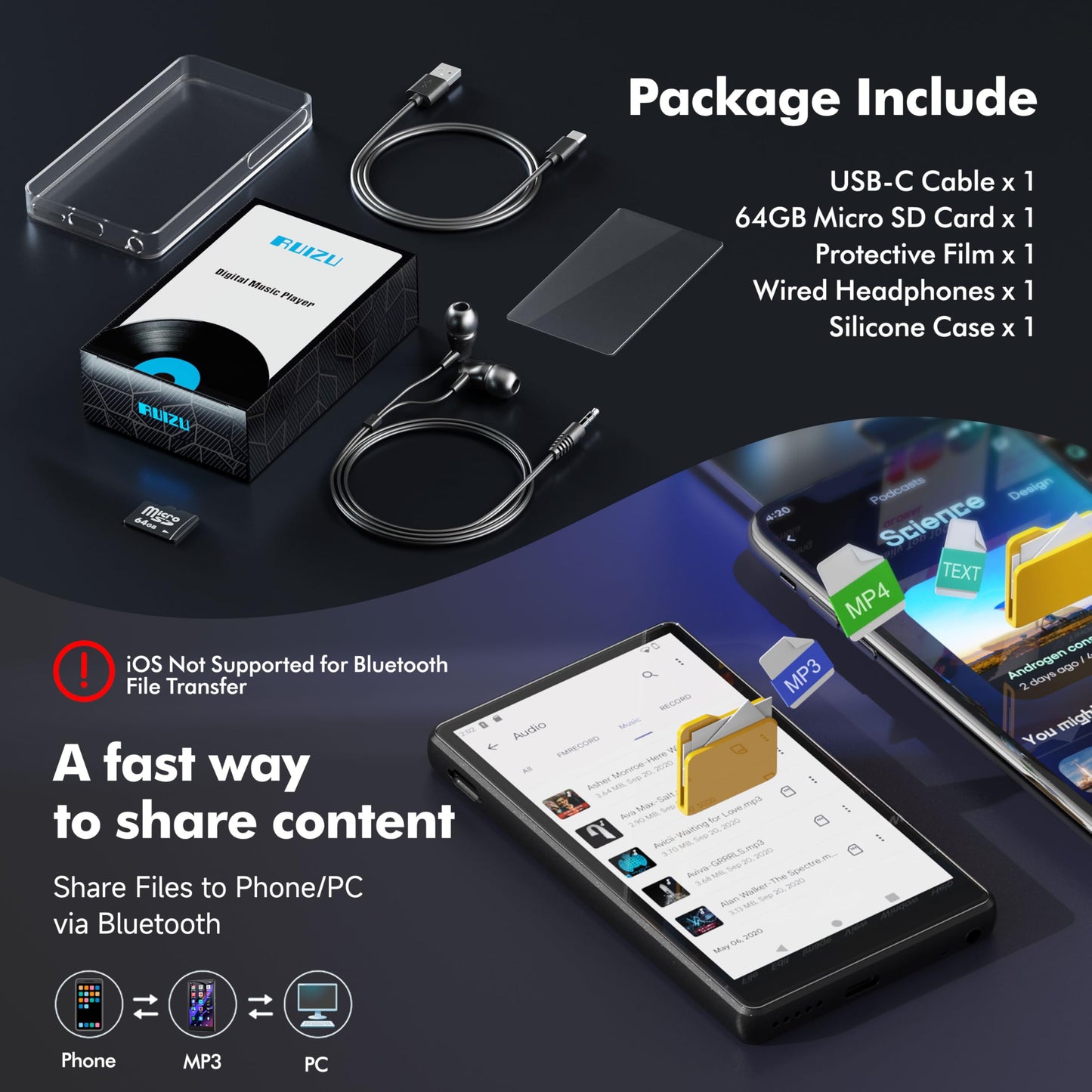 RUIZU 83GB Android MP3 Player with Bluetooth and WiFi, 4.5" IPS Touchscreen Music Player with Spotify, Pandora, Amazon Music, Parental Control MP4 MP3 Player for Kids with Libby, Audible, Up to 1TB