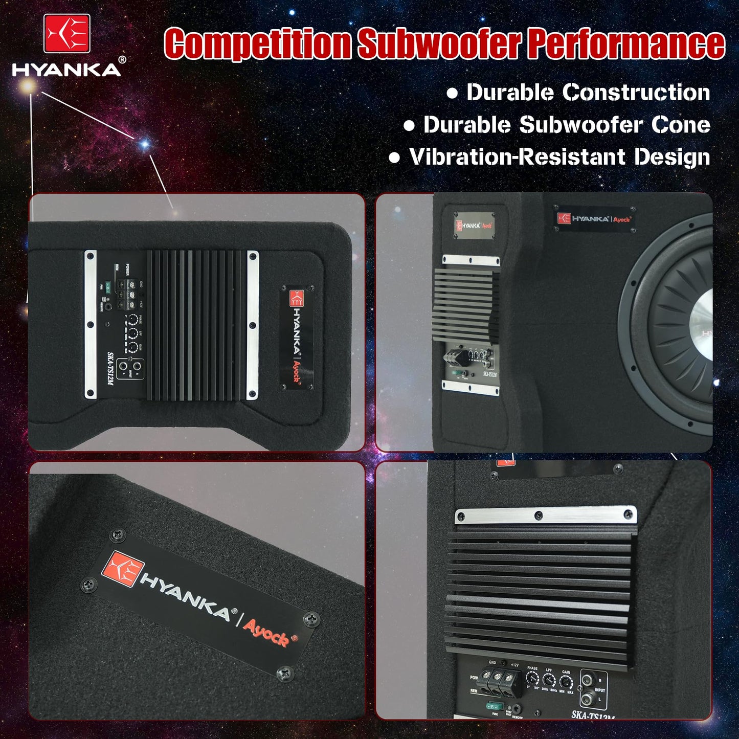 H YANKA SKA-TS12M 12" Compact Active Subwoofer System, 1200W Car Audio Bass Subwoofer, 300W RMS SUB with Built-in Amplifier, Easy Installation, Powerful Deep Bass for Car Trunk
