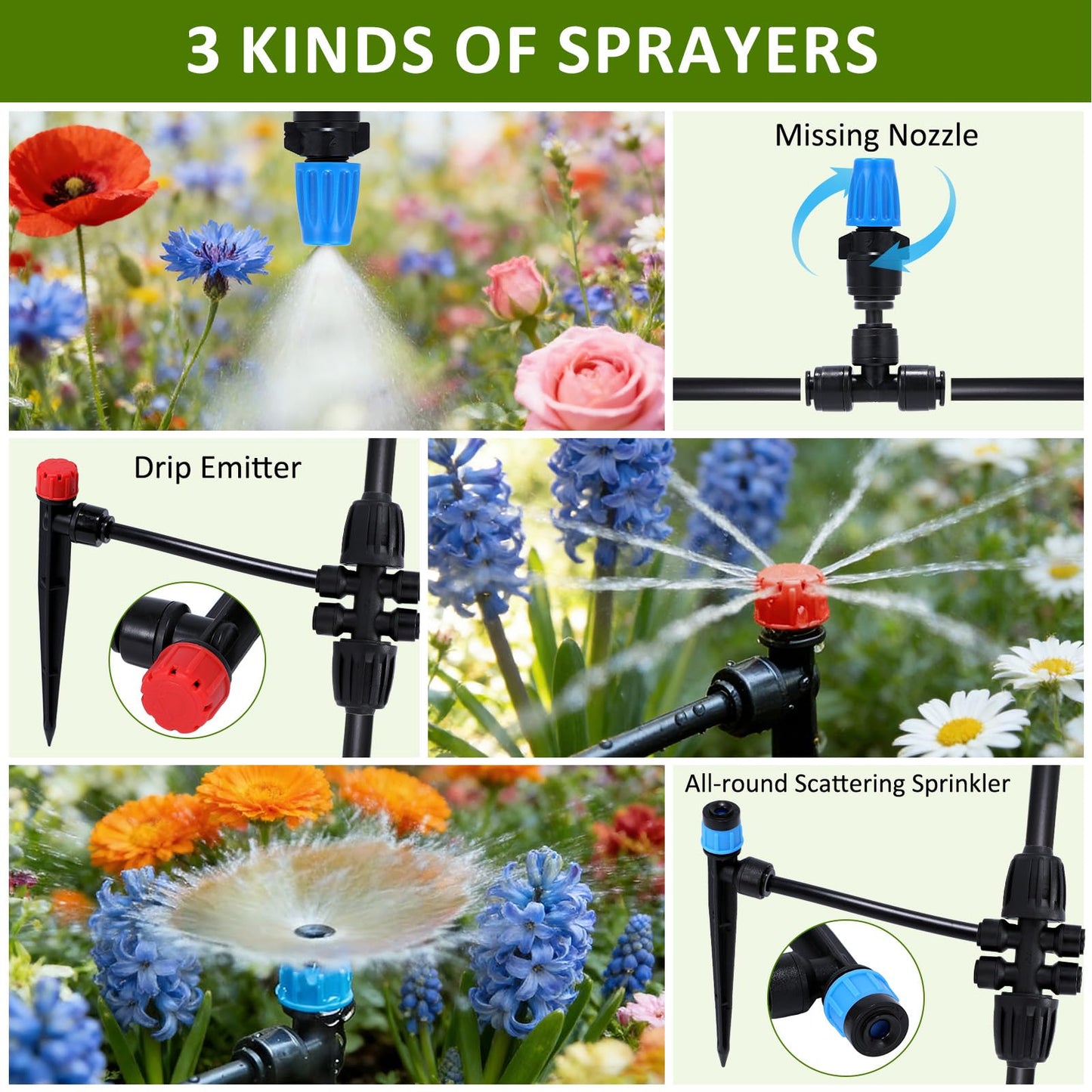 300FT Drip Irrigation System Kit, Automatic Garden Watering Misting System with 70FT1/2 inch Hose 230FT 1/4 inch Distribution Tubing and Accessories for Garden Lawn Greenhouse Plant Flower Bed