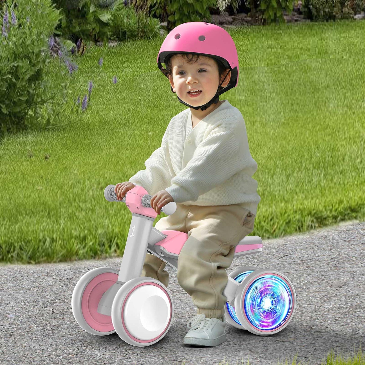 ESPRAY Colorful Lighting Baby Balance Bike Toys for 1 Year Old Girls Gifts, Toddler First Bike 12-24 Months with Adjustable Soft Seat, 4 Silent Wheels Ride on Toy, Perfect First Birthday Gift