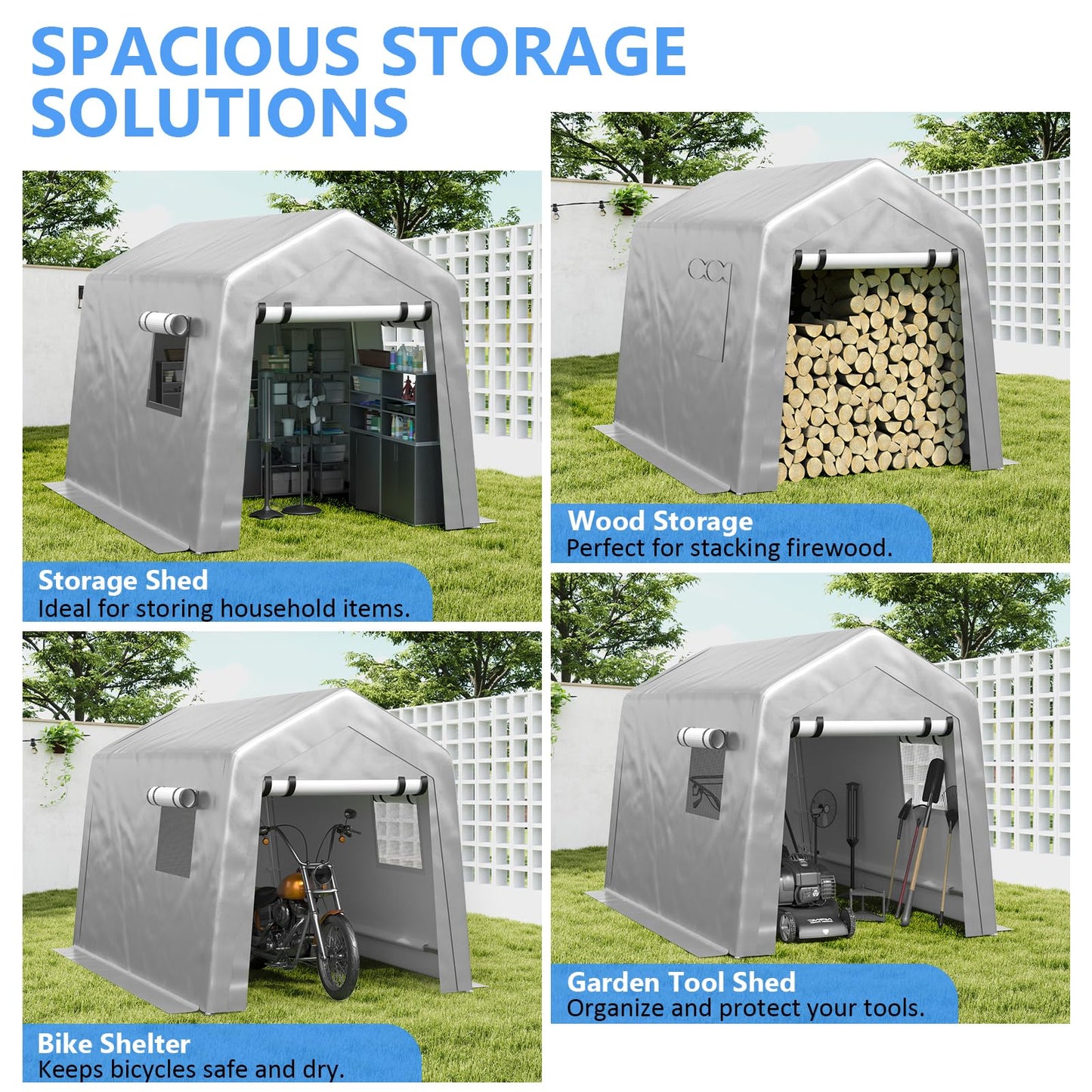 Jocoevol Carport 6x8 FT Enclosed Carport with Roll-up Windows, Portable Garage with Removable Sidewalls & Doors, Car Canopy Tent with Sandbags All-Season Tarp for Bike Motorcycle