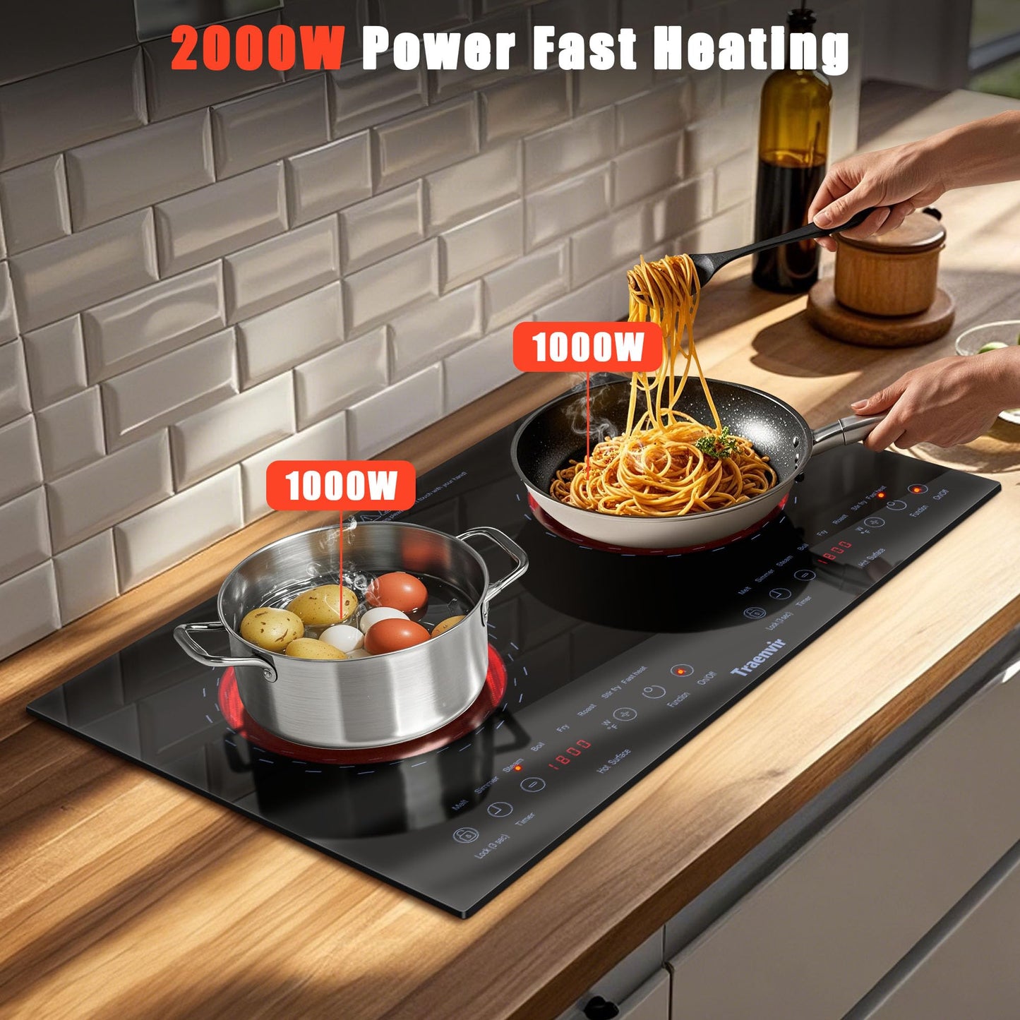 Traenvir 2 Burner Electric Cooktop, Two Burner Ceramic Cooktop 2000W, 24 Inch Countertop & Built-in Electric Stove top for Camping, Outdoor, Child Lock, Timer, 8 Power Levels, 110V-120V Plug in, Blue