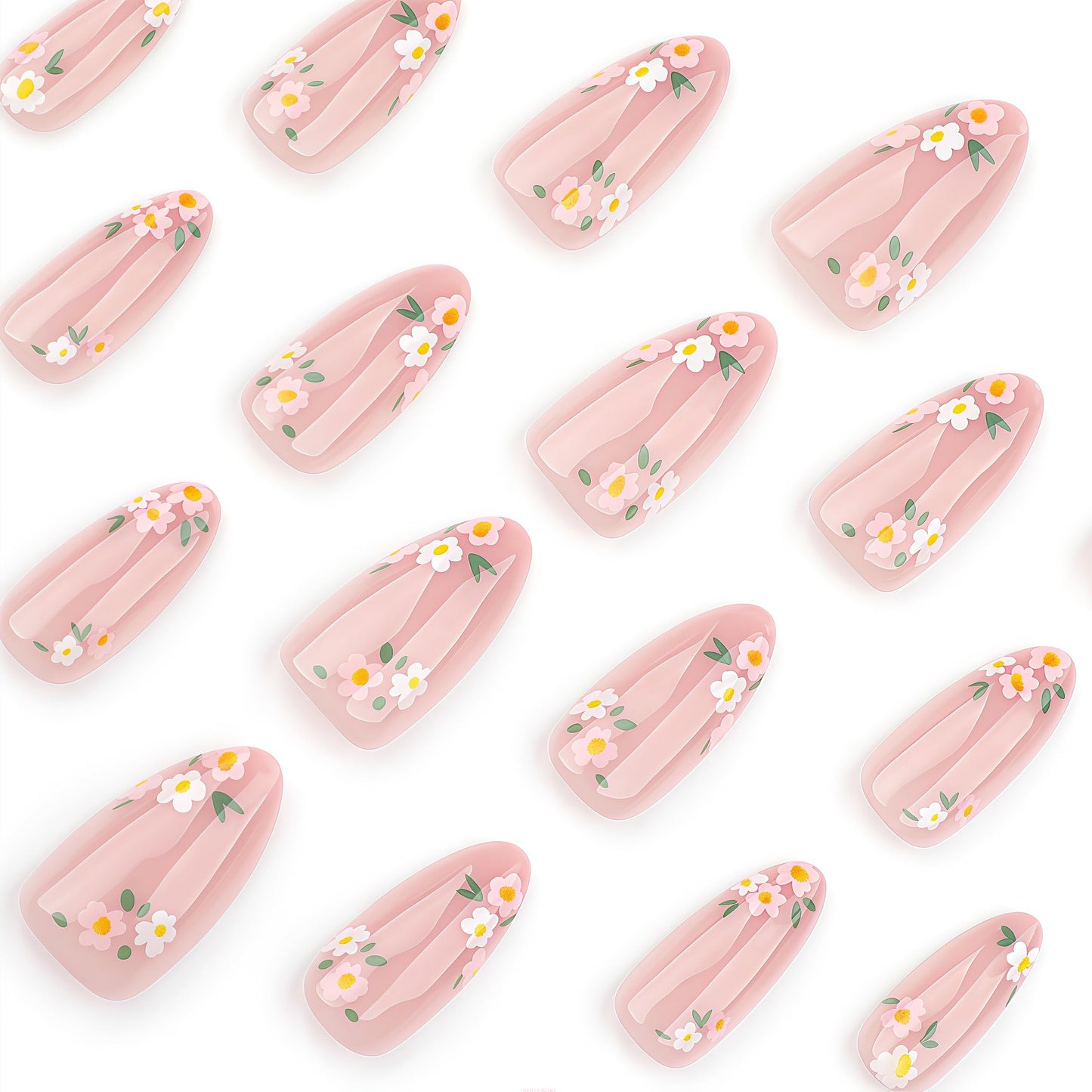24Pcs Flower Press on Nails Medium Almond with Daisy Flower French Tip Nude Pink Design Full Cover Floral Acrylic Artificial Fake Nails for Women Girls Spring Summer Manicure Decoration