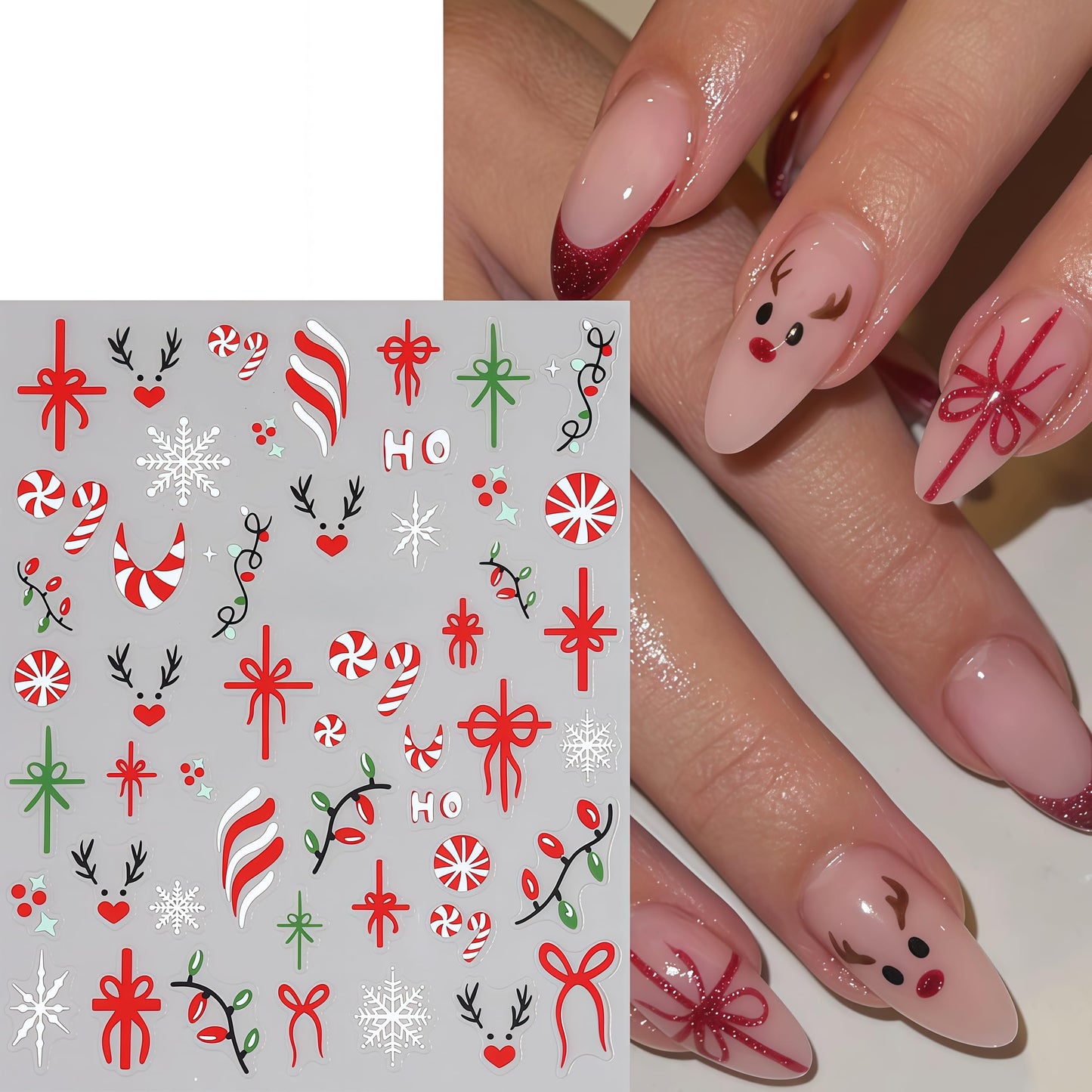 Christmas Gift Bow Nail Art Stickers 3D Self-Adhesive Christmas Candy Nail Art Stickers Christmas Elk Light Nail Decals Snowflake Bow HO Letter Nail Design Nail Supplies for Women DIY Nail Decorations