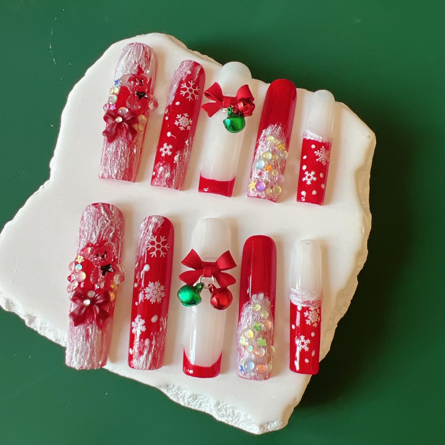 NAIL ANGEL 10PCS/SET Glamorous Handmade Press On Nails Christmas Xmas Holiday Snowman Bell Snowflake French Style Long Coffin Nails Party Nails XXL Long Artifical Tips ZJ-13 (ZJ13, M)