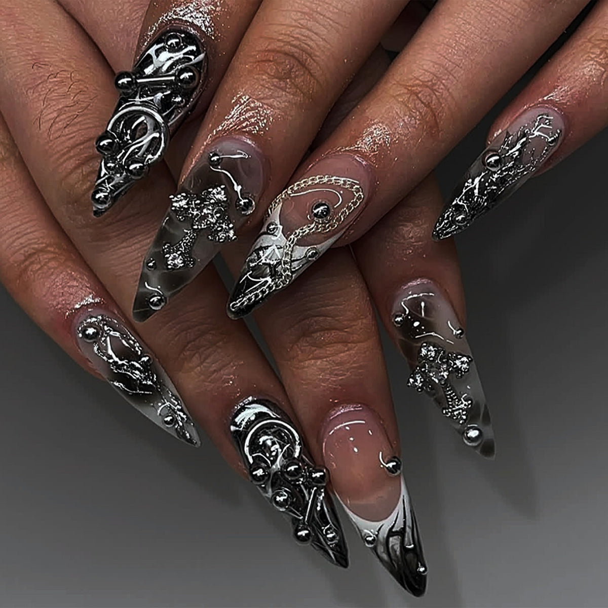 ZAKCBEAUR 115 pcs Silver Punk Nail Art Kit - 15 Mixed Styles Edgy Charms Guns, Crosses, Hearts, Roses, Stars & Holographic Gems for Grunge, Rocker, Gothic Nail Designs
