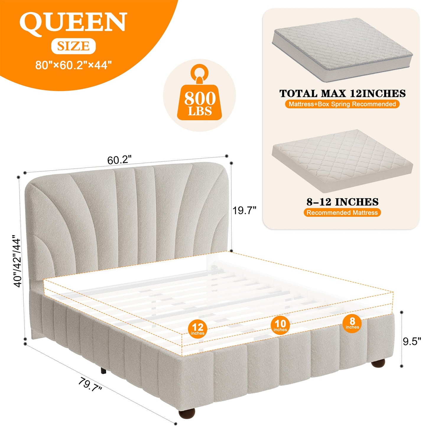 Queen Size Boucle Bed Frame Upholstered Bed Frame Queen with Adjustable Headboard, Solid Wood Slats Support, Bed for Bedroom Apartment, Dorm, No Box Spring Needed, Easy Assembly, Noise-Free, Cream