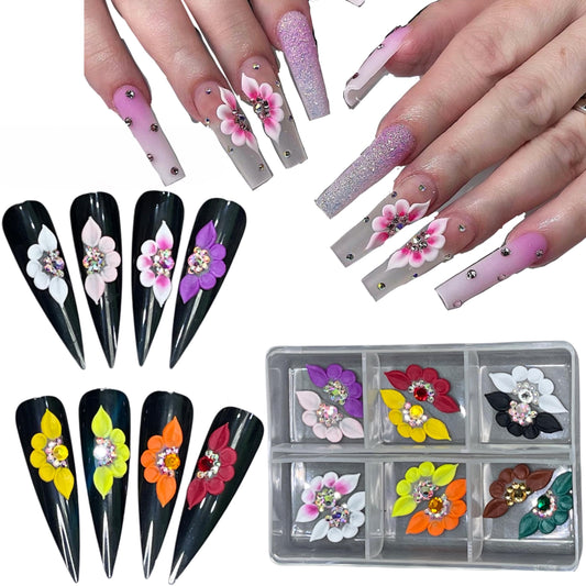 Set 8Pcs 3D Flowers Nails Charms With Rhinestone Gems Handmade by Acrylic Powder Design For Long Nail L,XL,XXL Flower Nail Art Floral Salon Decor Women Girls (Set 24Pcs Mixcolor)