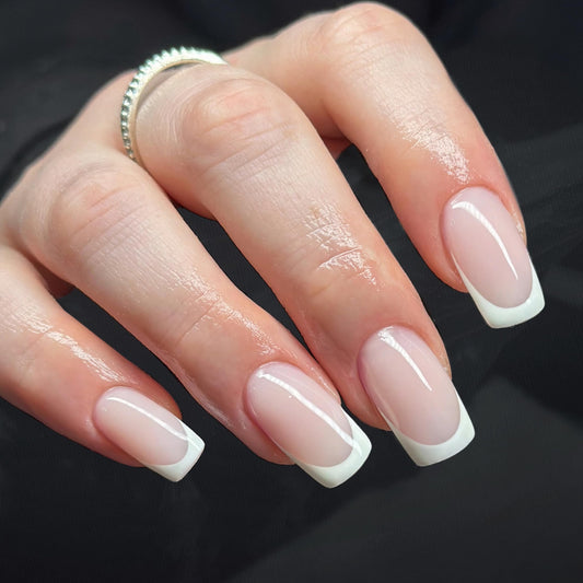 Qsnidy Press on Nails Square - White French Pink Fake Nails Medium Acrylic Glossy Full Cover Stick On Nails for Women and Girls Daily Wear, Natural Fit Glue on Nails in 12 Sizes - 24 Nails Kit