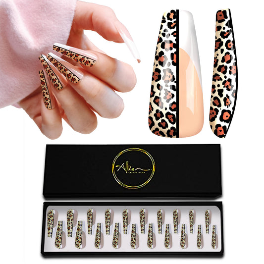 Allkem Leopard Print Ballerina Press on Nails | Glossy Extra Long Coffin| 10 sizes - 20 pcs Nail kit with Glue