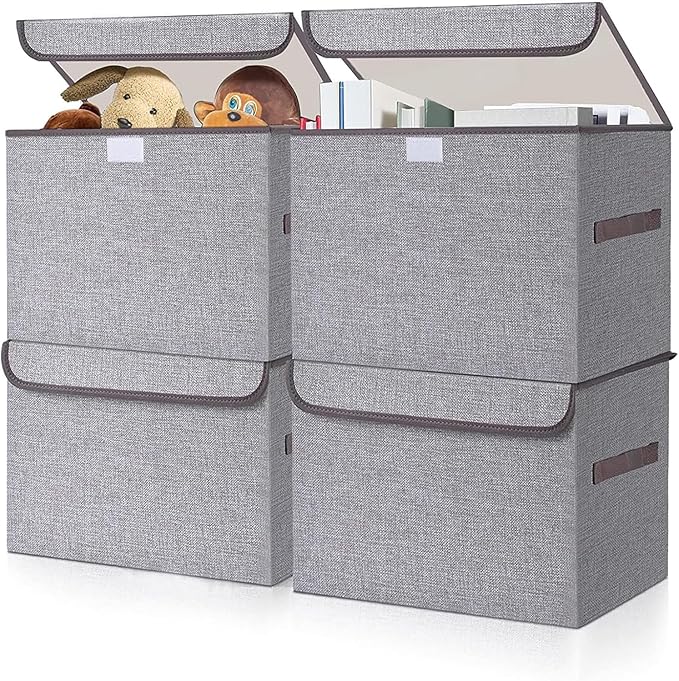 Bagnizer Large 22 Quart Linen Fabric Foldable Storage Bin Cube Organizer Basket with Flip-Top Lid & Handles, Clothes Blanket Box for Home, Office, Closet, Gray, 4 Pack 14.6 x 9.5 x 9.5â