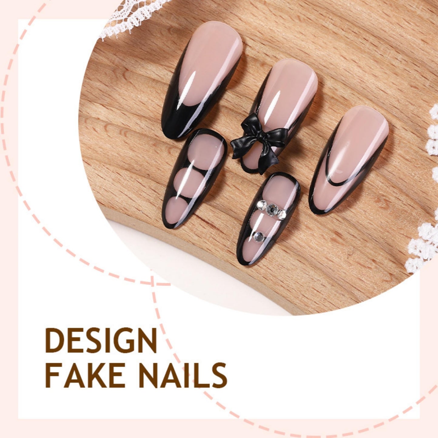 Long Press on Nails Almond Fake Nails Black Acrylic Nail Press ons SEENEEY Bow French Stick on Nail for Women 24pcs