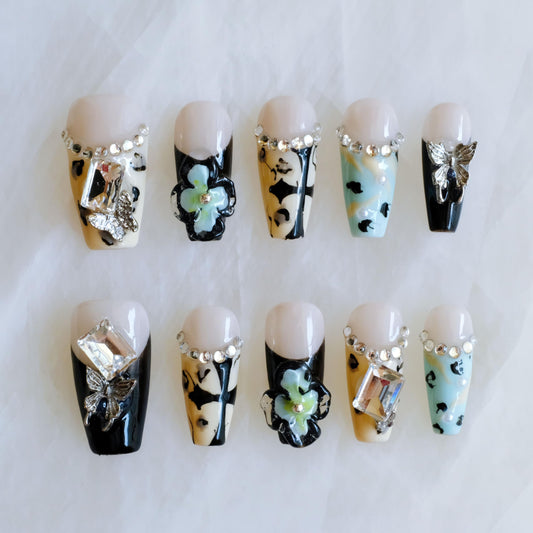GLORS Press On Nails, Long Ballerina Style with 3D Flowers and Crystals, Black and Yellow Design, Handmade False Nail 10 Pieces (Small,LB)