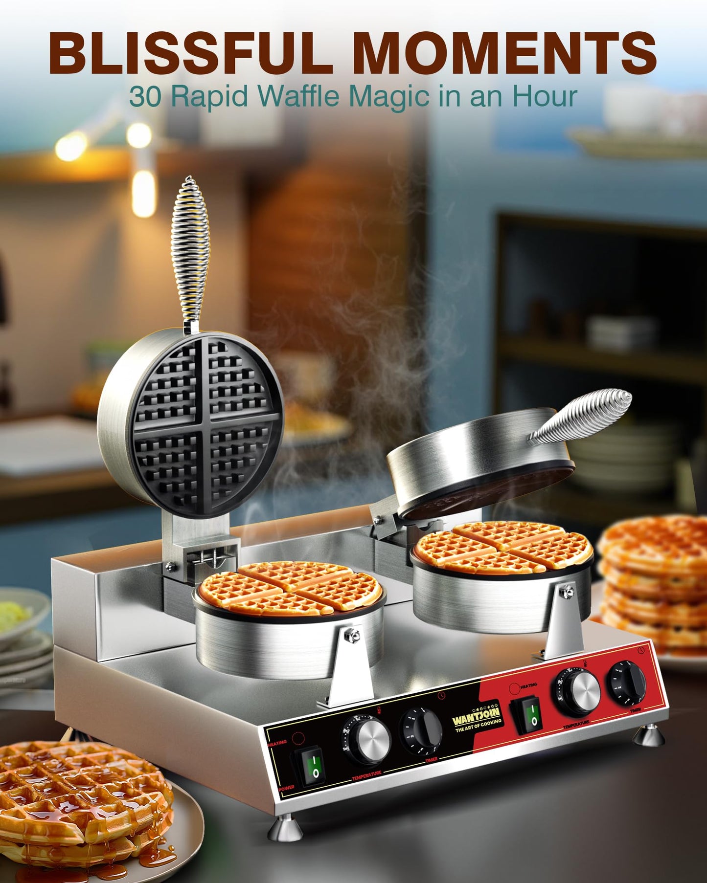 WantJoin Commercial Waffle Maker – Double-Head 360° Heating Waffle Irons, 122°F–482°F, Easy Operation, Non-Stick Plates & Stainless Steel Body, Ideal for Dessert Shops, Catering, 2500W