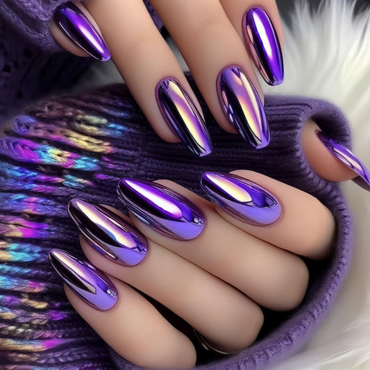 Purple Aurora Electroplating Chrome Press on Nails Medium Almond Fake Nails Purple Chrome False Nails Metal Mirror Acrylic Stick on for Women Girls Manicure Decoration 24Pcs