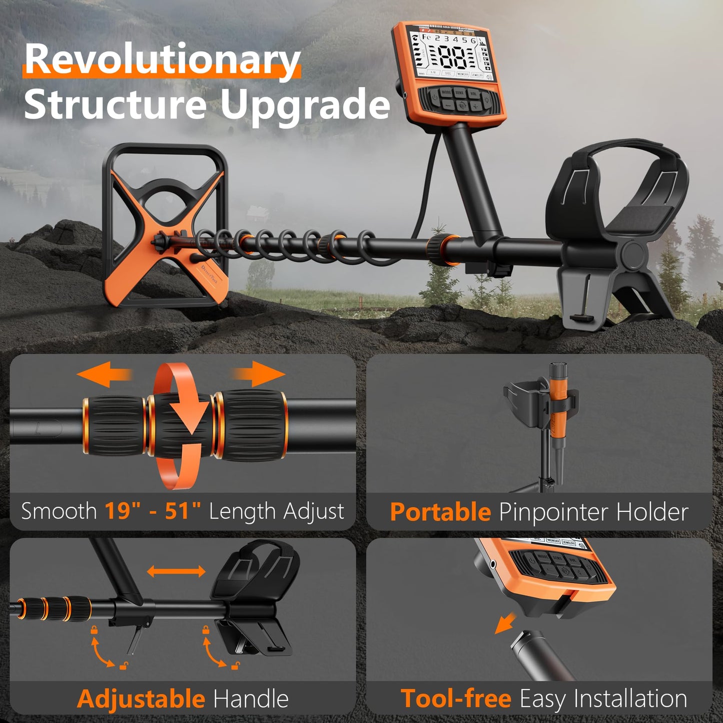 DetectTrek Metal Detector for Adults Rechargeable, 11" Professional Metal Detector for Gold & Silver, High Accuracy Waterproof Design, 5 Modes, Christmas Stocking Stuffers Gifts for Men/Dad,M55,Orange