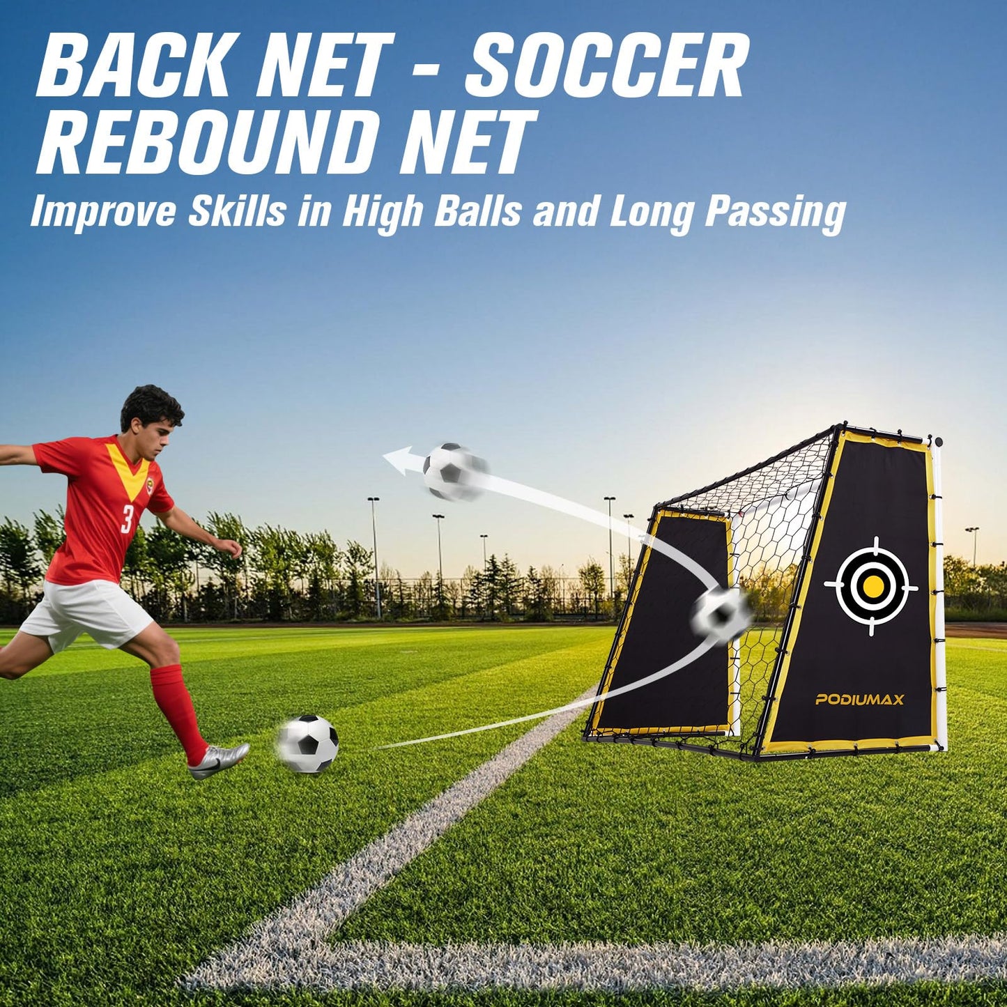 PodiuMax 4 in 1 Soccer Goal & Rebounder, 7x5ft Rebound Net with Upgrade Frame, Steel Ground Pass Net for Backyard Park Field, Soccer Kick Back Trainer for High Passing, Low Passing & Shooting Training