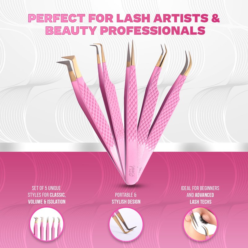 5 Pcs Fiber-Tip Japanese Steel Lash Tweezer Set with Leather Case, Professional Eyelash Tweezers for Lash Extensions – Titanium Coated, 90 & 45 Angled, Precision Pointed Tweezers (PINK)