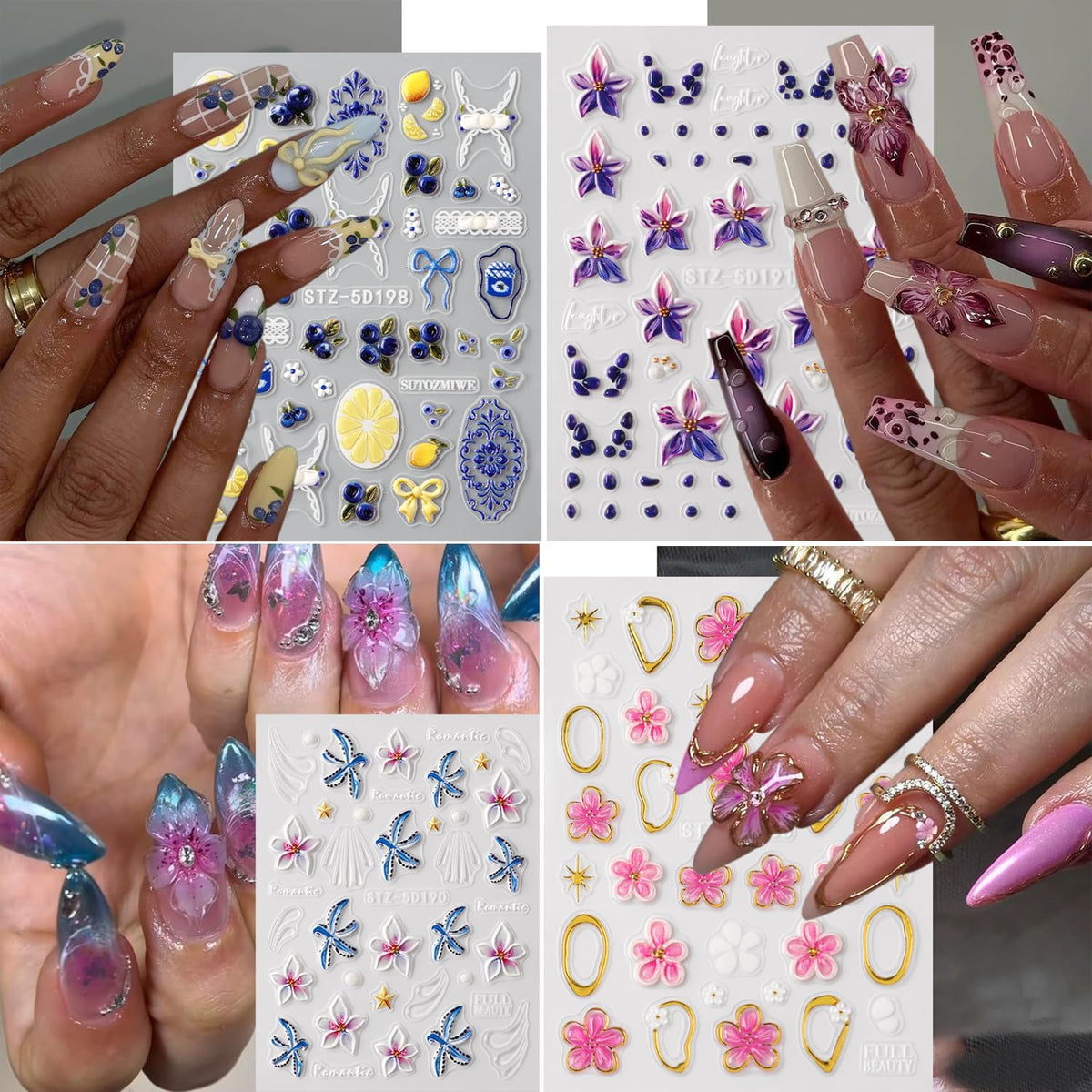 5D Embossed Flower Nail Art Stickers, 5 Sheets Self-Adhesive 3D Floral Nail Decals with Floral, Starfish, Bow & Lemon Designs Cute Summer Nail Art Supplies Sticker for DIY Manicure Decoration