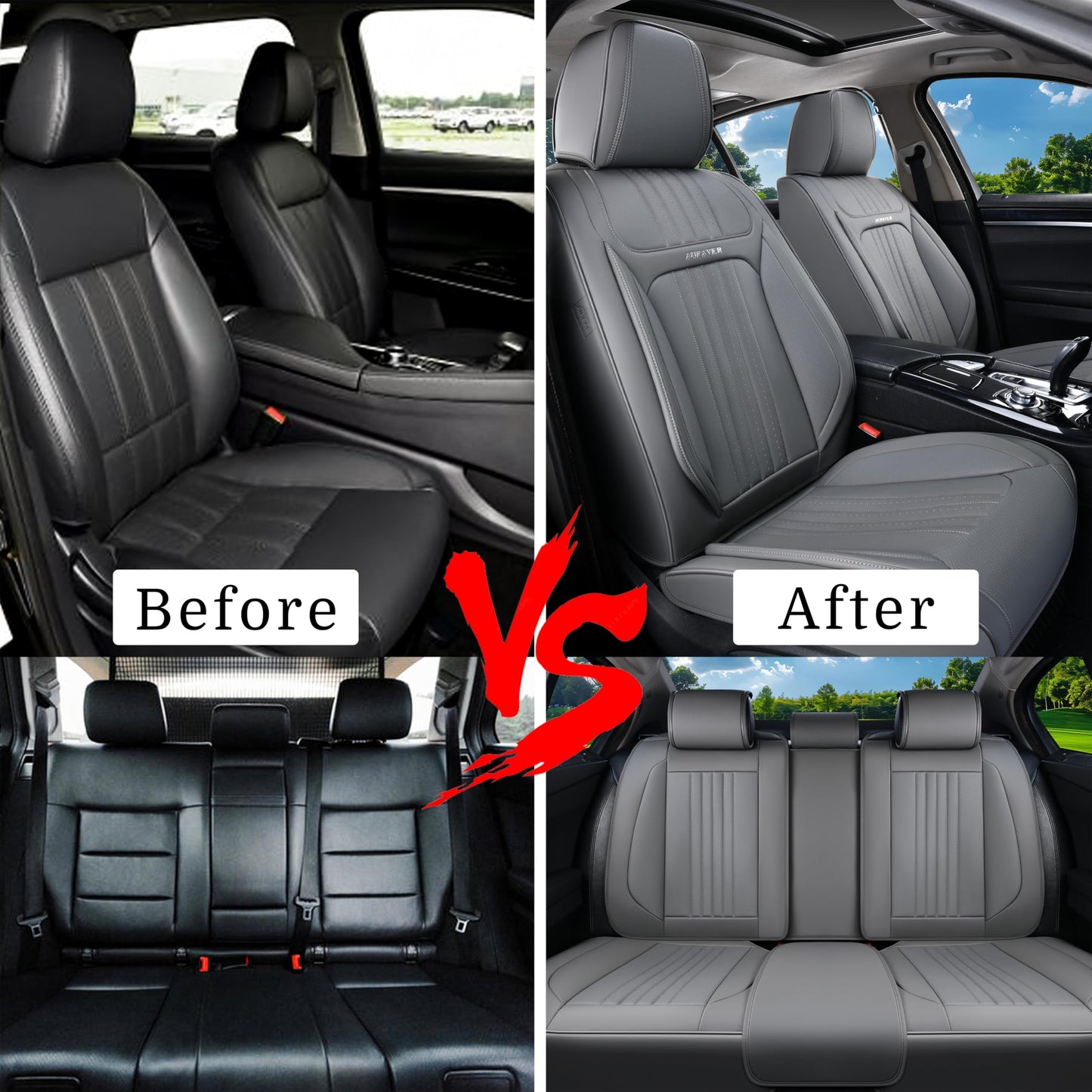 Aupaver Seat Covers, Waterproof Car Seat Cover for Cars 5 Seats, Universal Leather Seat Covers, Front & Rear Automotive Seat Covers Car Seat Cushion, Leatherette Seat Protector for Most Cars, Gray