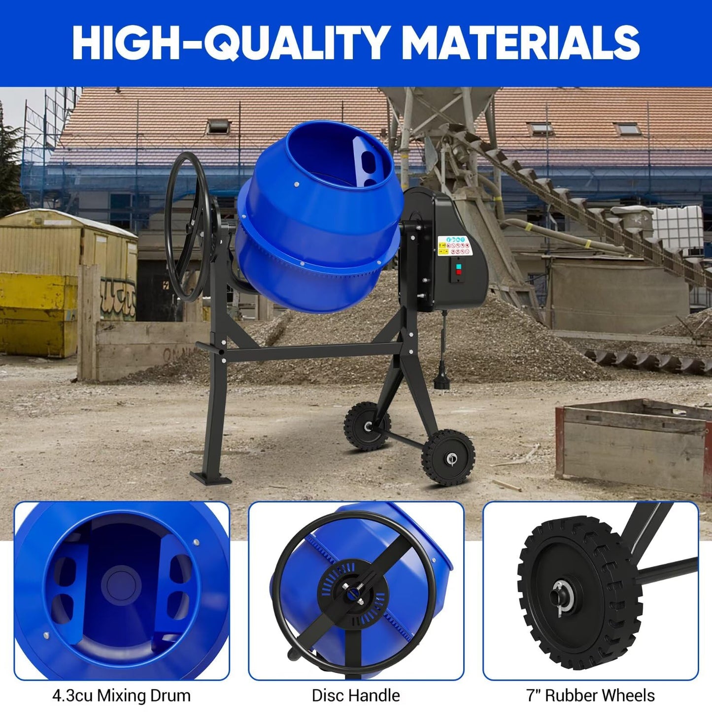 4.3 Cu.Ft Cement Mixer, 450W 3/5HP Electric Cement Mixer Machine, Heavy Duty Potable Concrete Mixer Machine with Wheel and Stand for Stucco, Mortar, Seeds, Blue