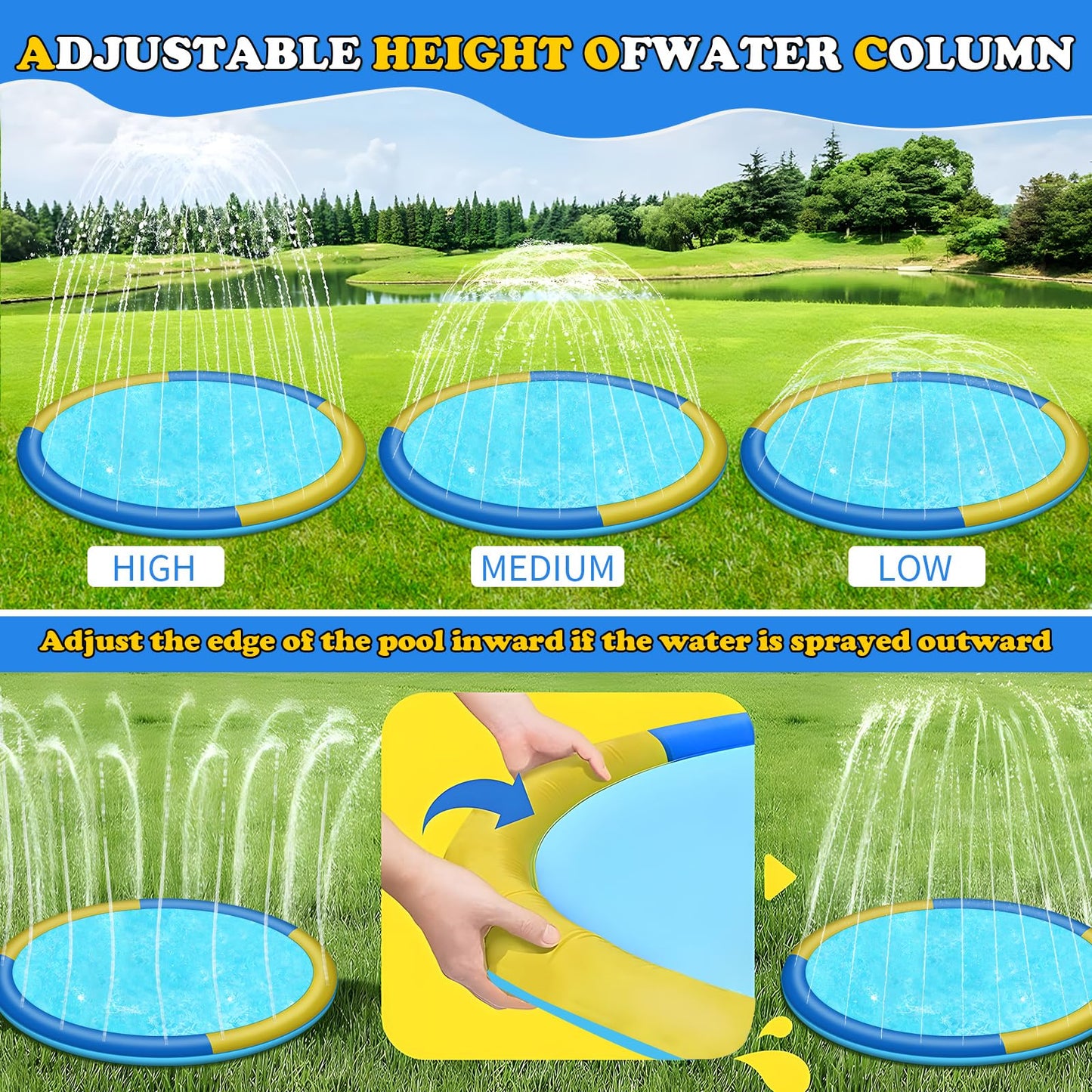 CACSPS 180" Non-Slip Splash Pad for Kids and Dog, Thicken Sprinkler Pool Summer Outdoor Water Toys, Extra Large Backyard Wading Pool for Children Boys & Girls or Pet Dog (Blue&Yellow)