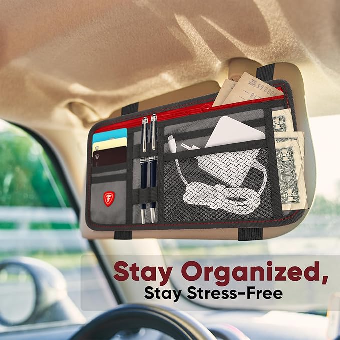 Firestone 2-Pack Car Sun Visor Organizer | 8 Compartment Car & Truck Visor Organizer with Holder & Slots for Sunglasses, License, Registration & More, Charcoal