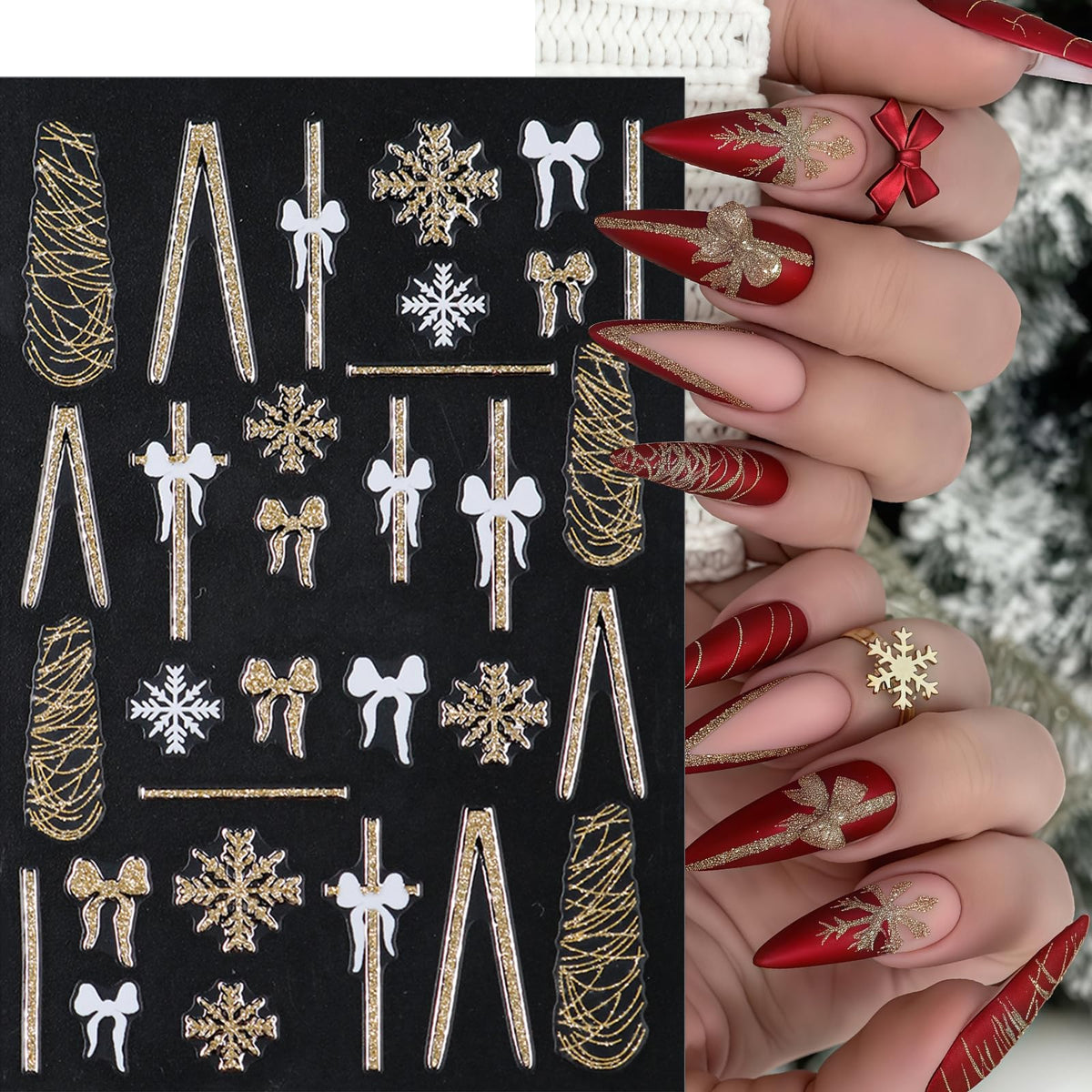 6 Sheets Christmas Snowflake Nail Stickers Bow French Nail Art Stickers Gold Glitter Line Bow 3D Self Adhesive Nail Decals Gold White Snowflake Nail Supplies Nail Decoration for Women DIY Manicure