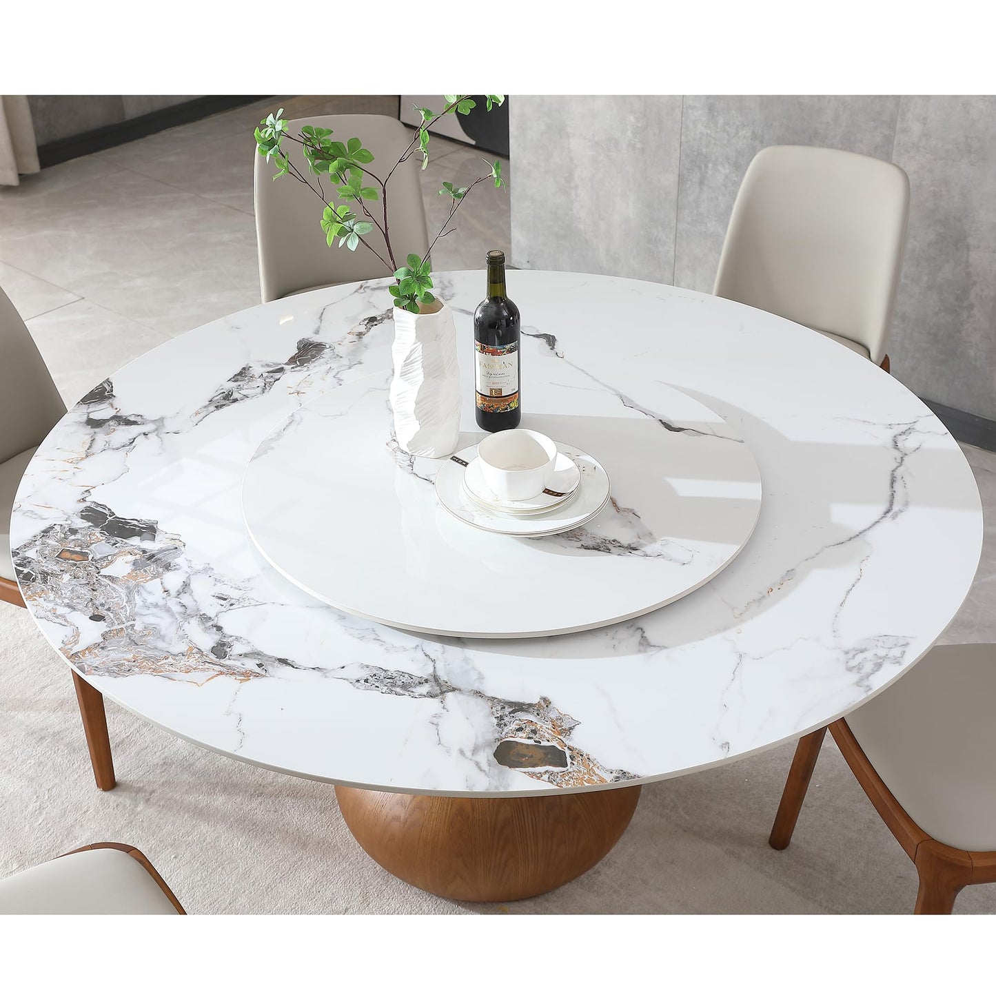 Legendstone Modern Marble Dining Table for 6, 59" Round Sintered Stone Table for Dining Room, Kitchen, Wood Base with Detachable Lazy Susan