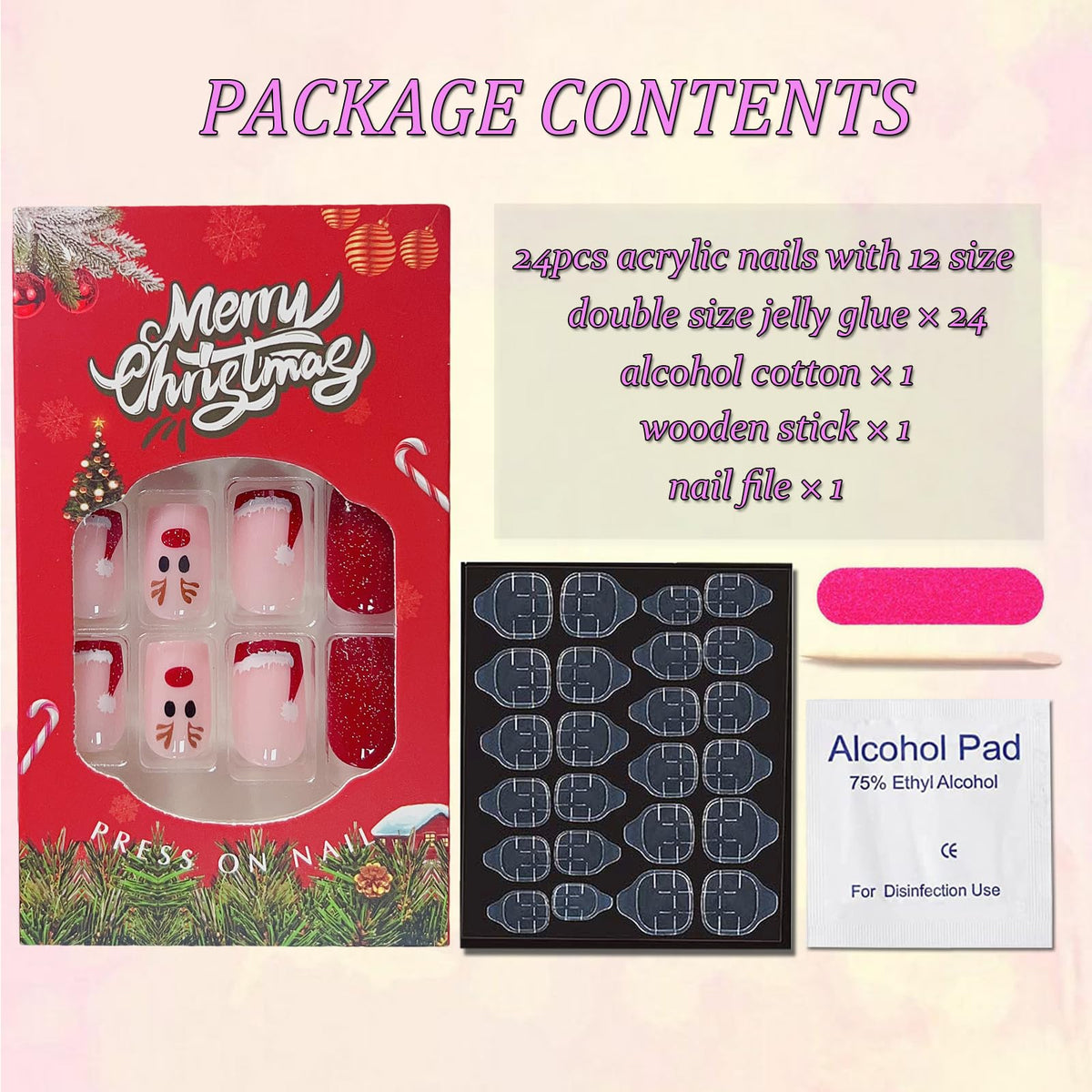 Short Square Press on Nails Christmas Fake Nails Red French Tip Santa Hat Glue on Nails with Elk Designs Acrylic Gel Nails Kit Red Artificial Nails Christmas False Nails 24Pcs for Women Nail Art