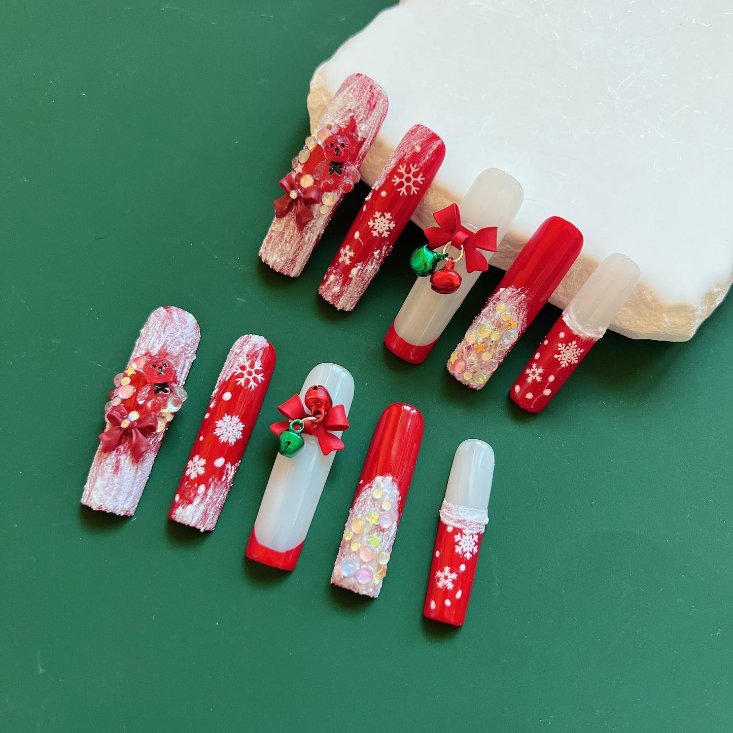 NAIL ANGEL 10PCS/SET Glamorous Handmade Press On Nails Christmas Xmas Holiday Snowman Bell Snowflake French Style Long Coffin Nails Party Nails XXL Long Artifical Tips ZJ-13 (ZJ13, M)