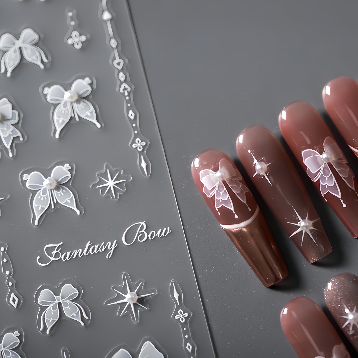 1 Sheet Lace Pearl Bow Nail Art Sticker 5D Embossed White Lace Pearl Bow Nail Sticker Cute Bow Nail Decal Pearl Rhinestone Nail Design Women DIY Nail Art Decoration