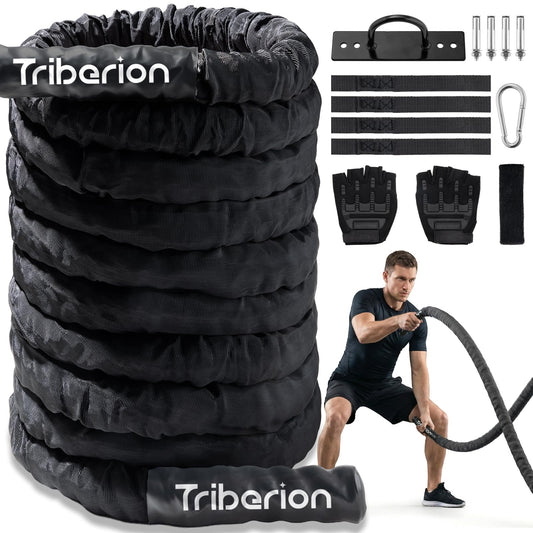 Battle Rope for Home Gym Workout - Extra Thick 2 Inch 30ft Heavy Weighted Training Exercise Ropes Fitness Equipment with Sleeve and Anchor Strap Kit for Crossfit Outdoor Working Out