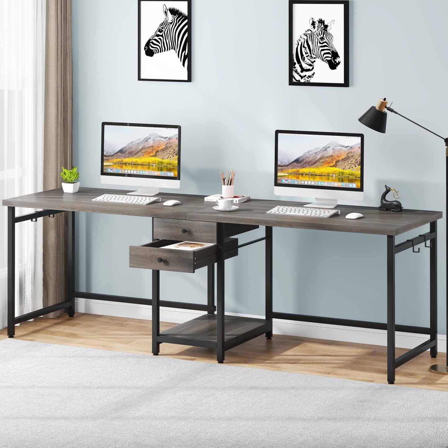 Tribesigns 79 Inch Extra Long Desk, Two Person Desk with 2 Drawers, Double Computer Table with Storage Shelves, Writing Table for Home Office, Grey
