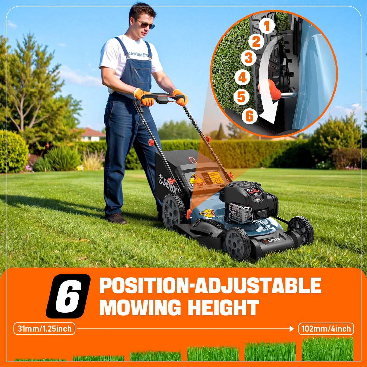 SENIX 163 cc 22-Inch Self Propelled Gas Lawn Mower with 4-Cycle B&S Engine, 3-in-1 Rear Wheel Drive Variable Speed Lawnmower, 6-Position Height Adjustment, LSSG-H2