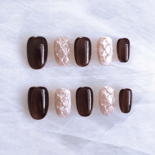 BrownVelvet - Handmade Press on Nails, Maillard Caramel Brown Cat Eye Checkered Design, Short Square Shape, Reusable Gel Fake Nails, 10 Pieces (XS Size, SS)